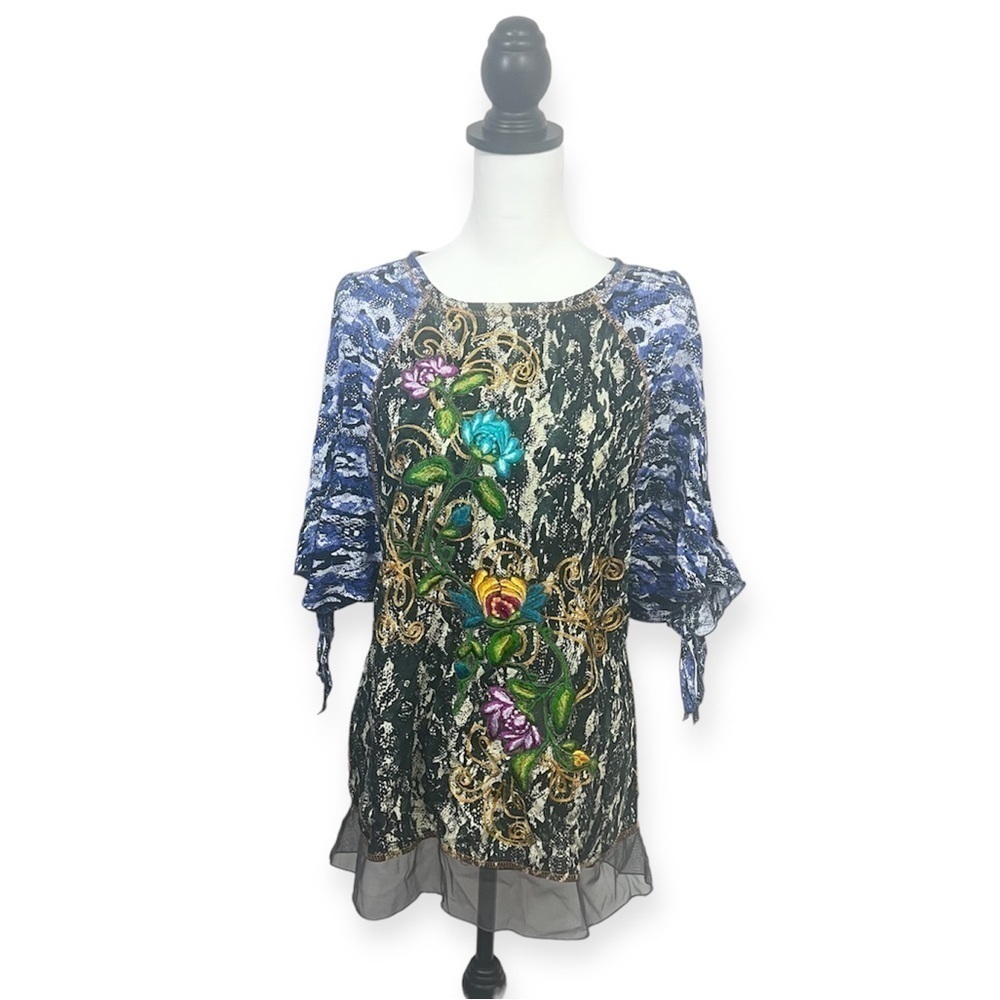 Krista Lee Embroidered Cold Shoulder Bat Sleeve Tunic Top Size S